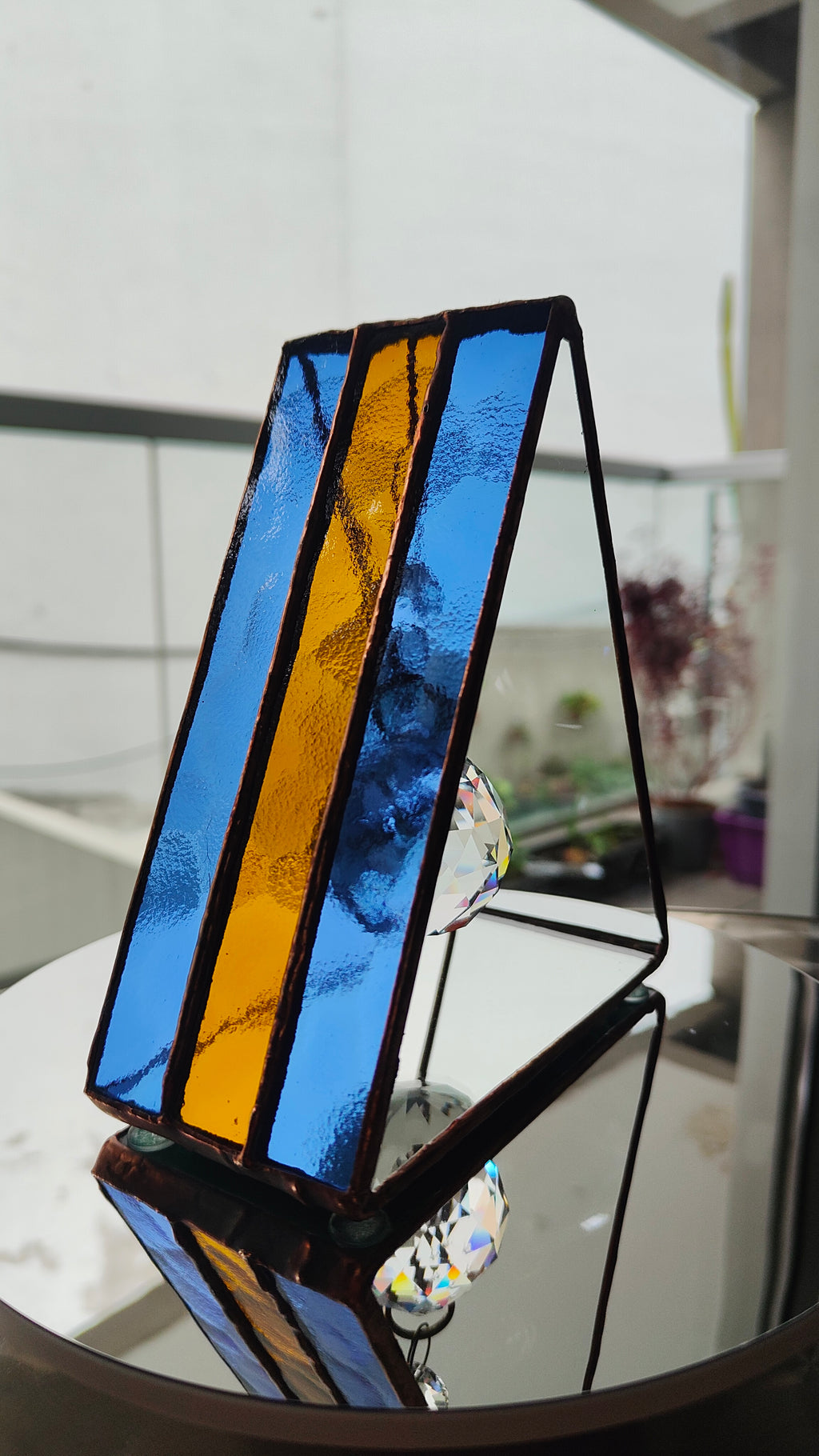 Triangular Boca Juniors (CABJ) Stained Glass Suncatcher with Copper Patina