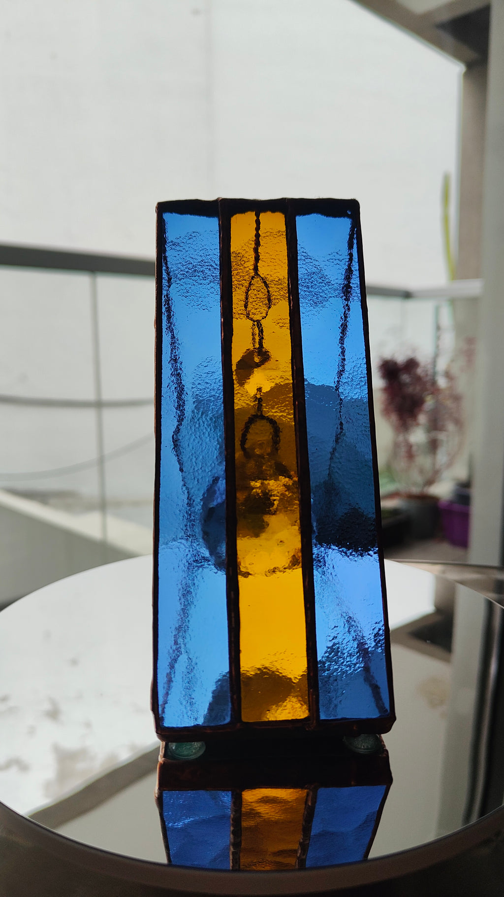 Triangular Boca Juniors (CABJ) Stained Glass Suncatcher with Copper Patina