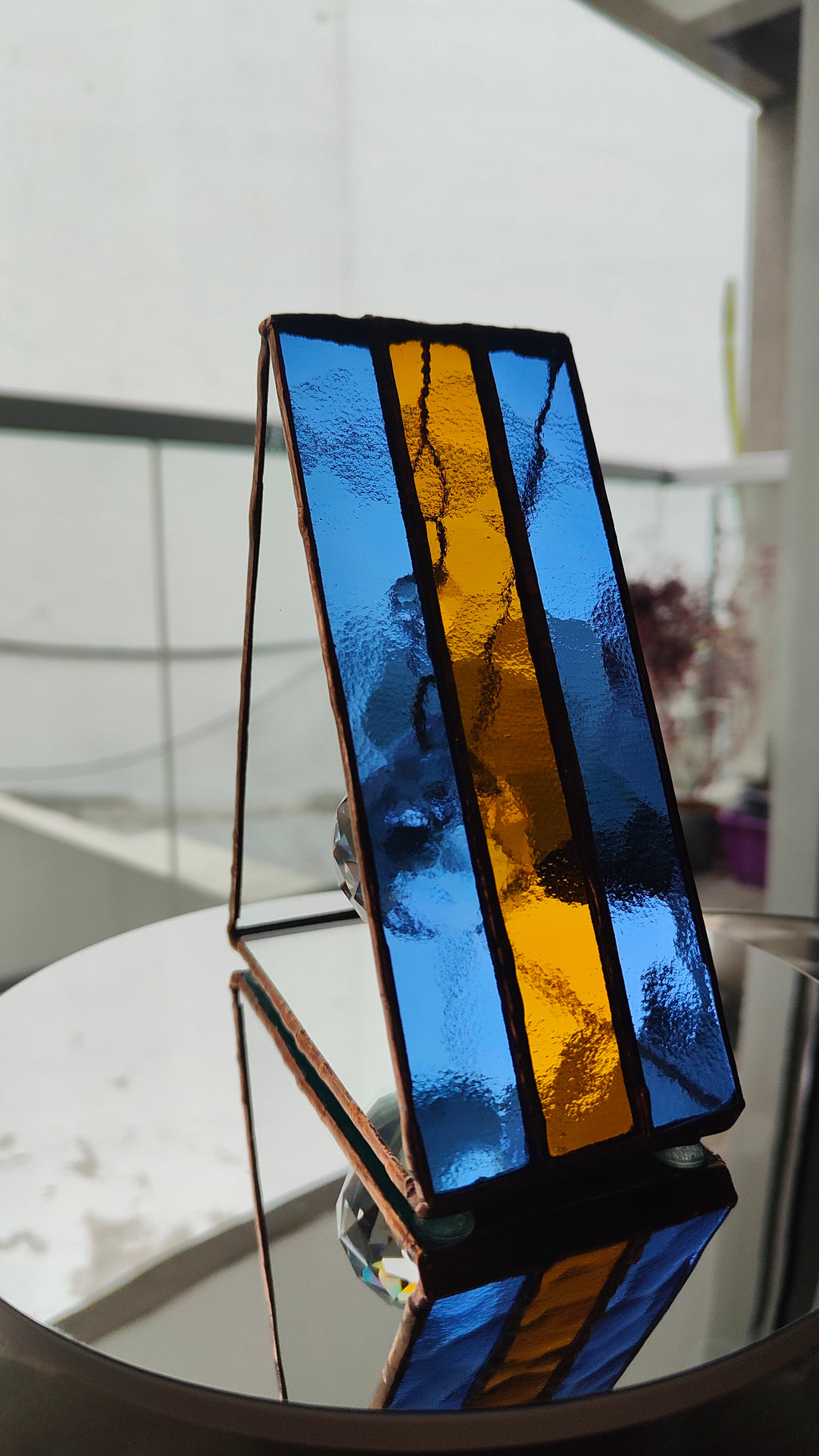 Triangular Boca Juniors (CABJ) Stained Glass Suncatcher with Copper Patina
