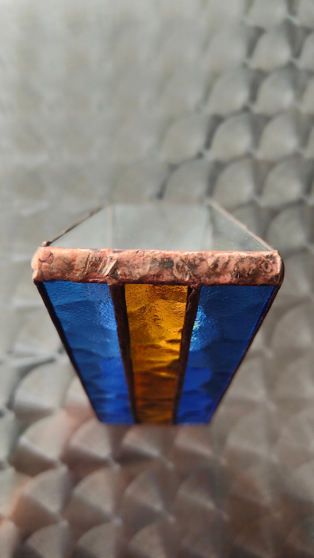 Triangular Boca Juniors (CABJ) Stained Glass Suncatcher with Copper Patina