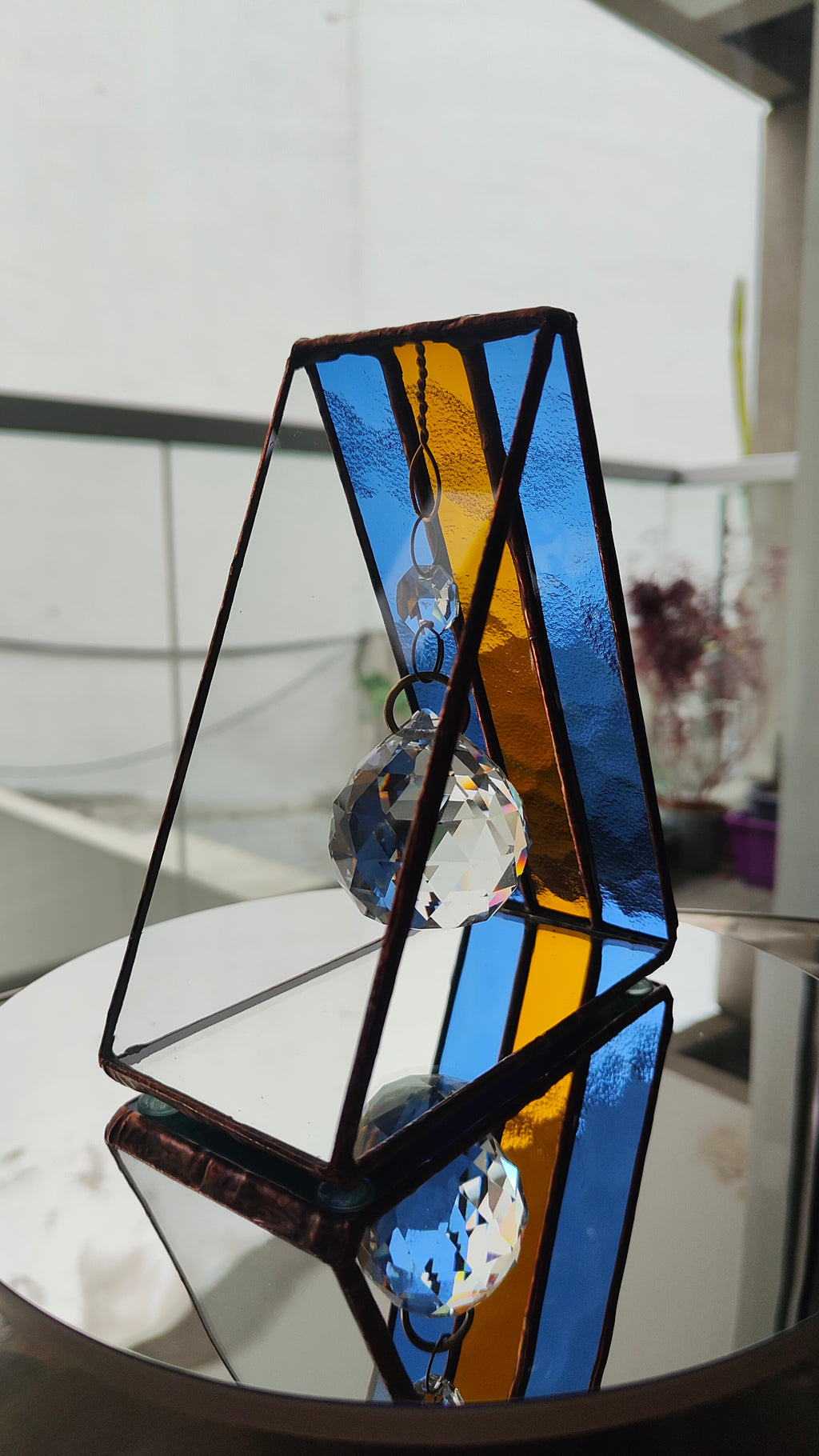 Triangular Boca Juniors (CABJ) Stained Glass Suncatcher with Copper Patina