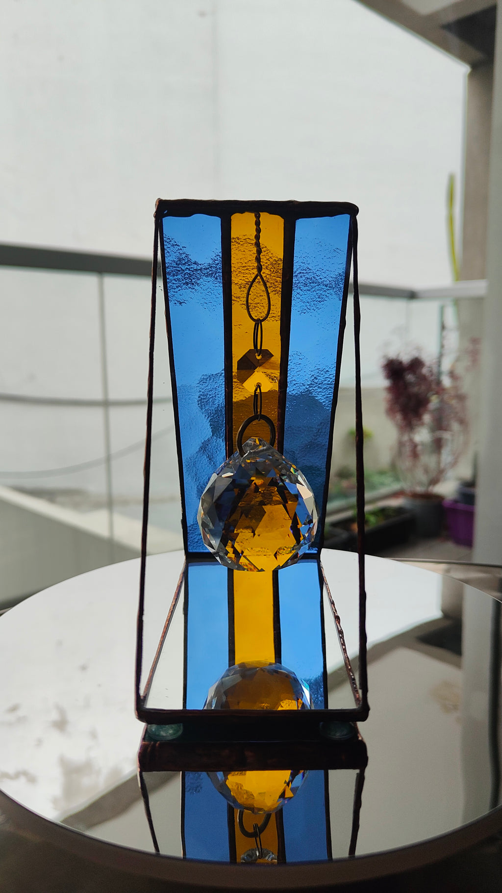 Triangular Boca Juniors (CABJ) Stained Glass Suncatcher with Copper Patina