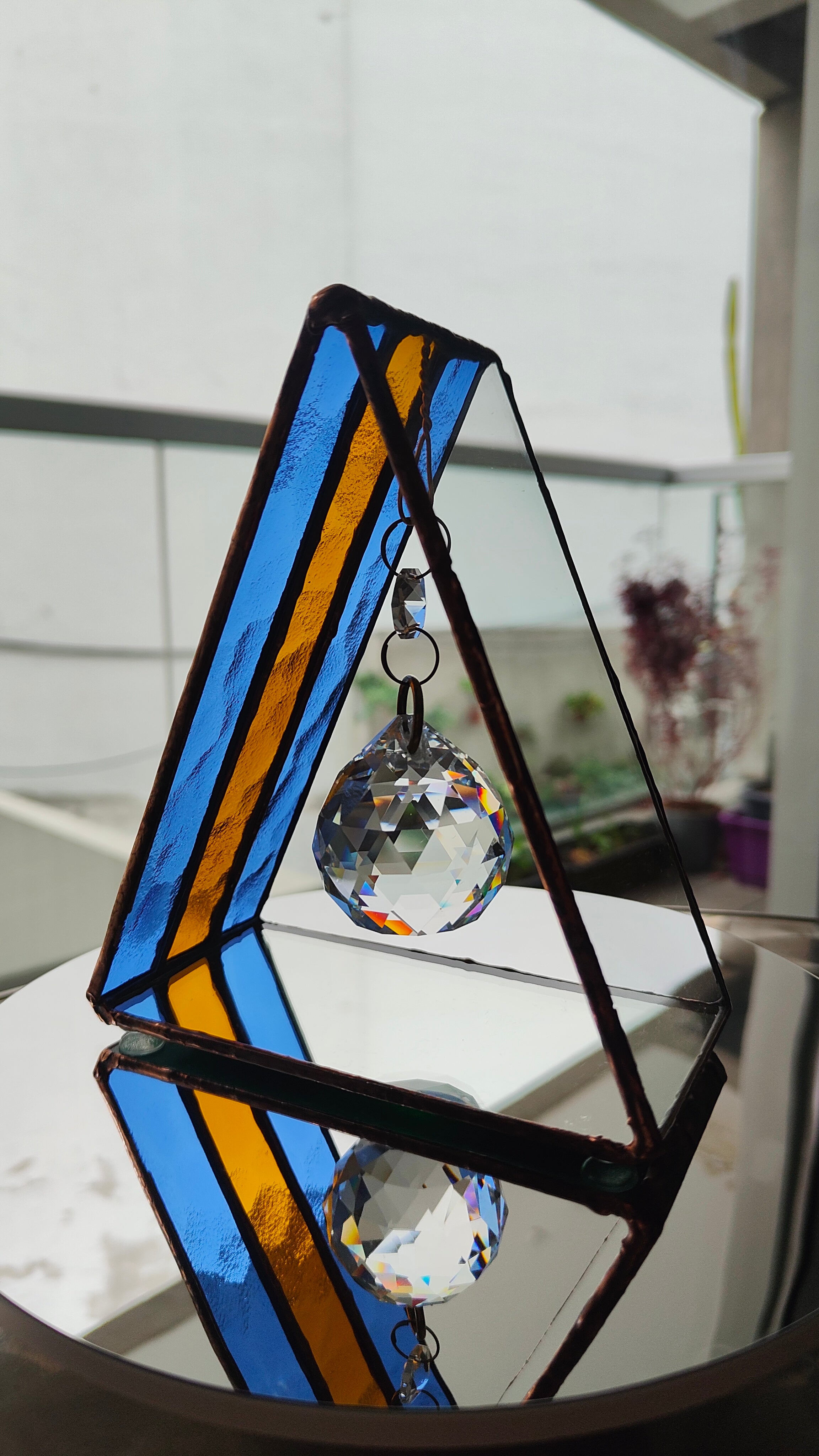 Triangular Boca Juniors (CABJ) Stained Glass Suncatcher with Copper Patina