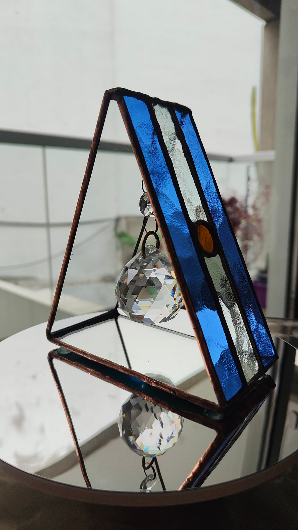 Triangular Argentine Flag Stained Glass Suncatcher with Copper Patina