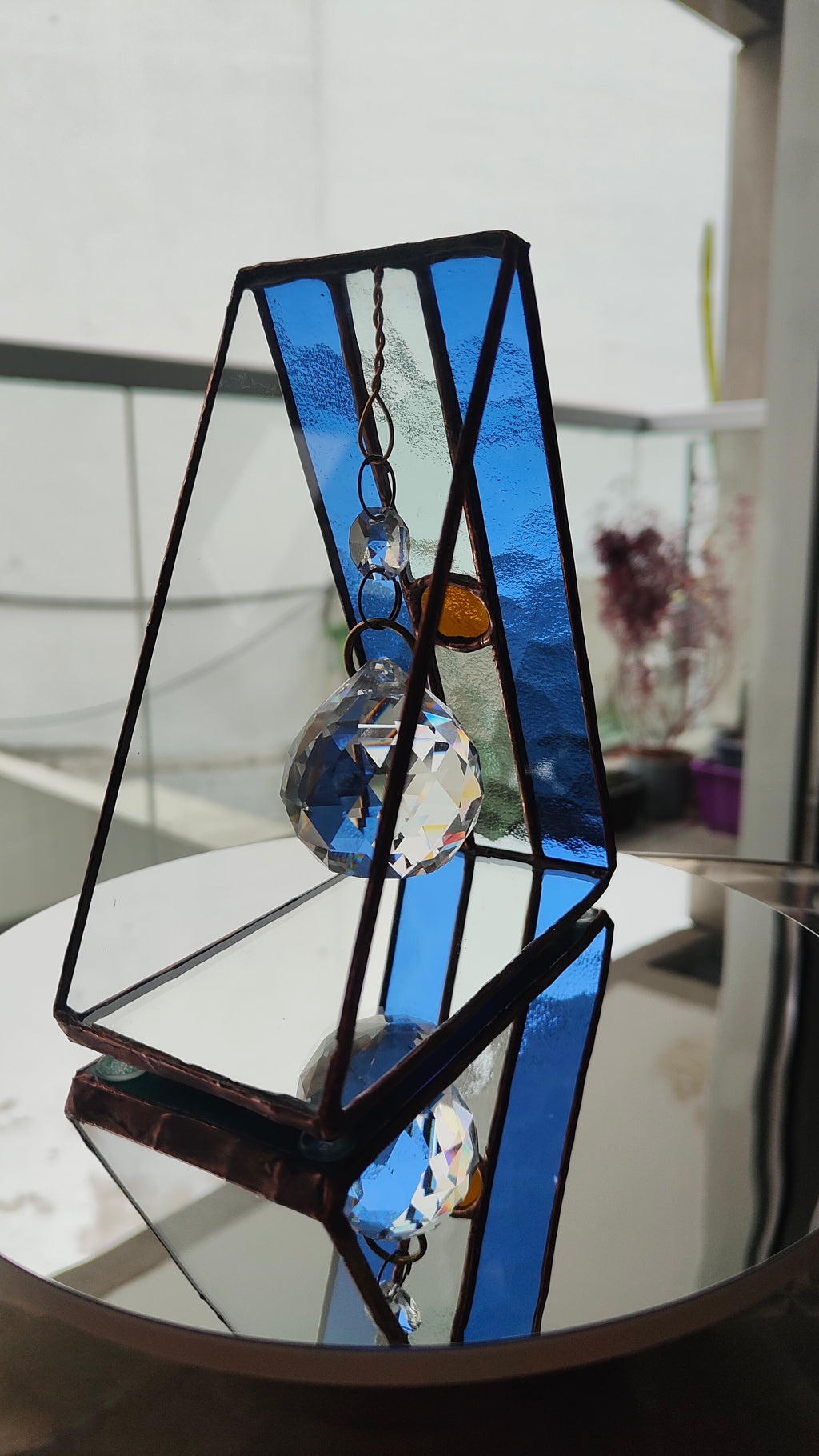 Triangular Argentine Flag Stained Glass Suncatcher with Copper Patina