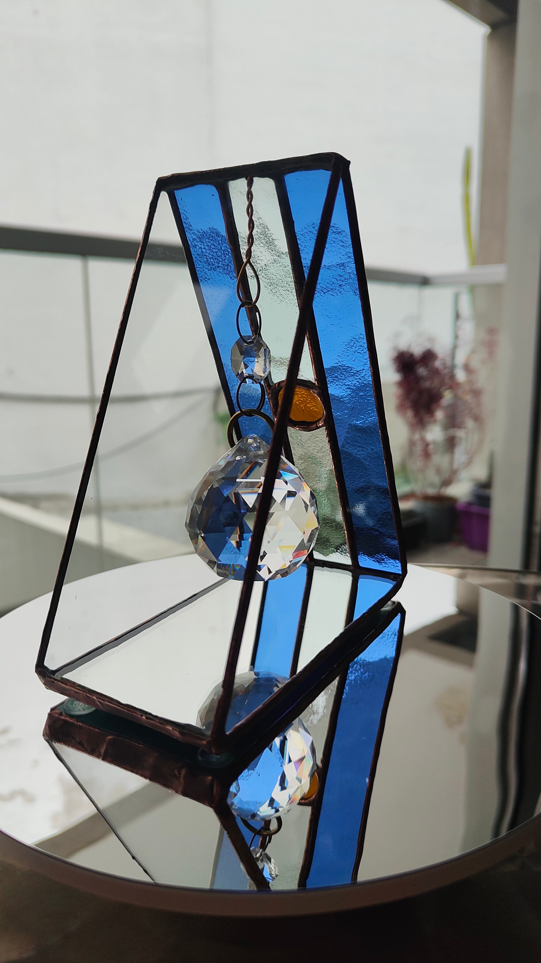 Triangular Argentine Flag Stained Glass Suncatcher with Copper Patina