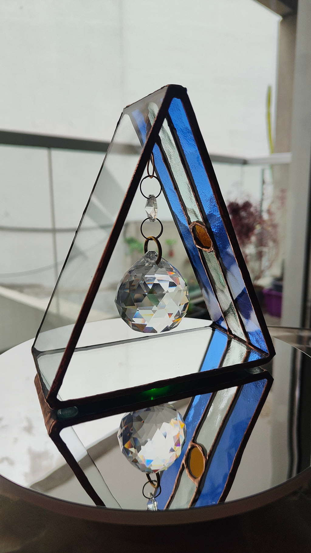 Triangular Argentine Flag Stained Glass Suncatcher with Copper Patina