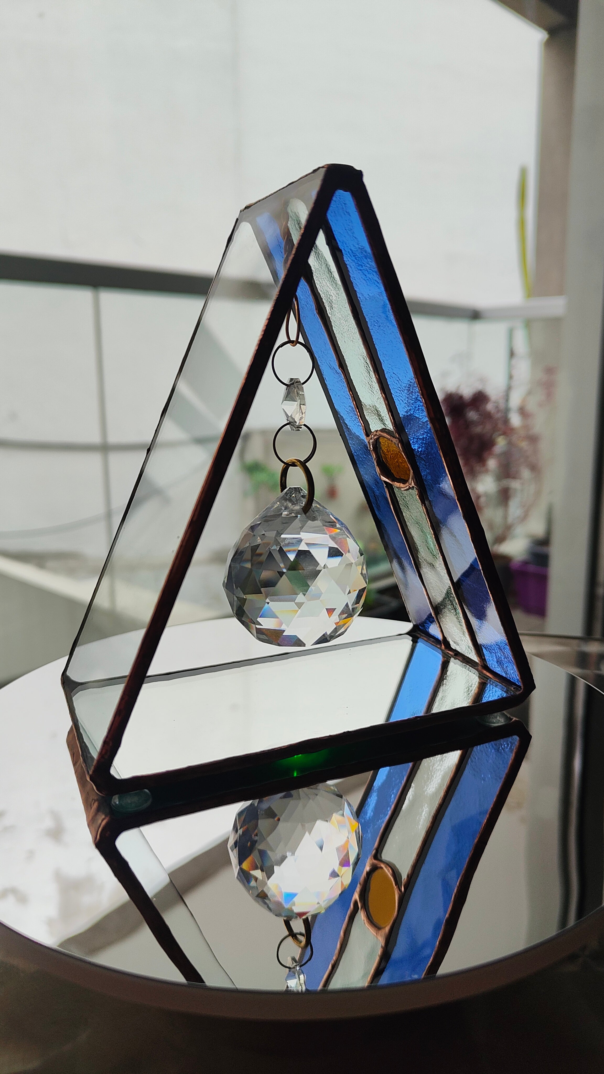 Triangular Argentine Flag Stained Glass Suncatcher with Copper Patina