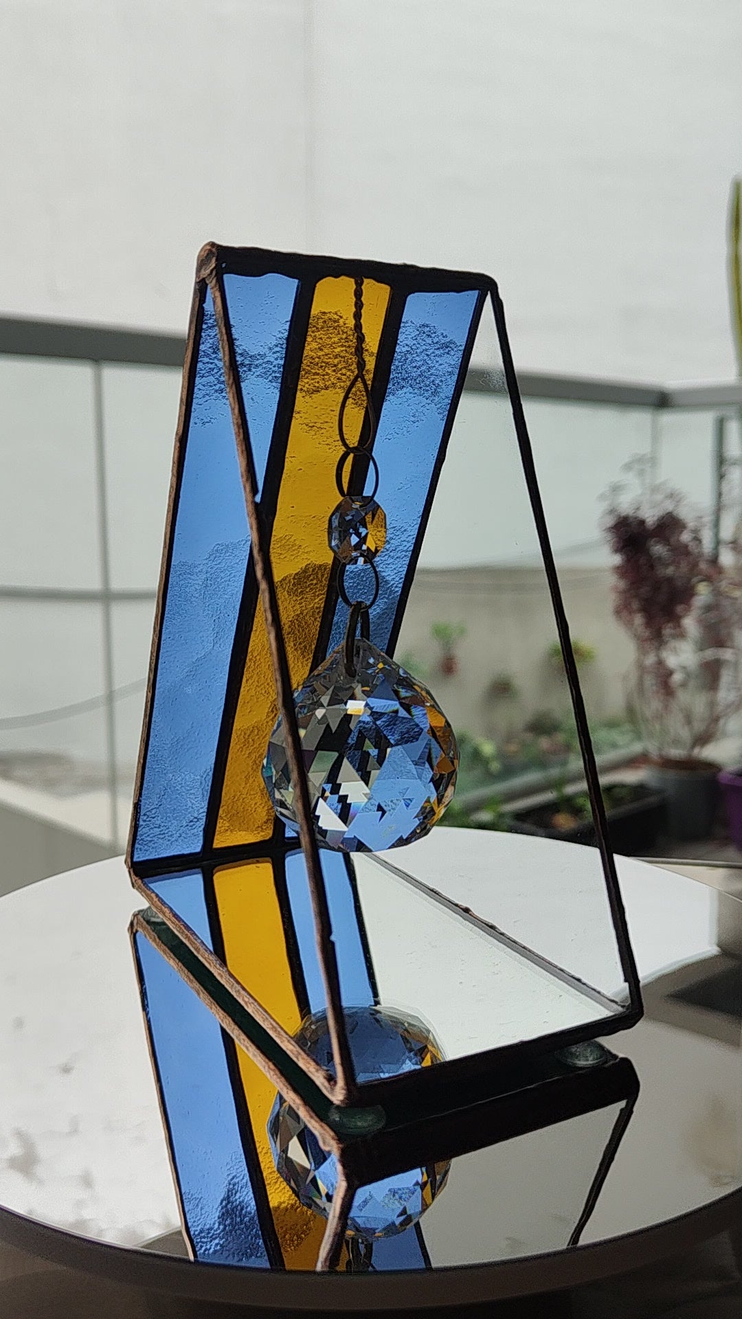 Triangular Boca Juniors (CABJ) Stained Glass Suncatcher with Copper Patina